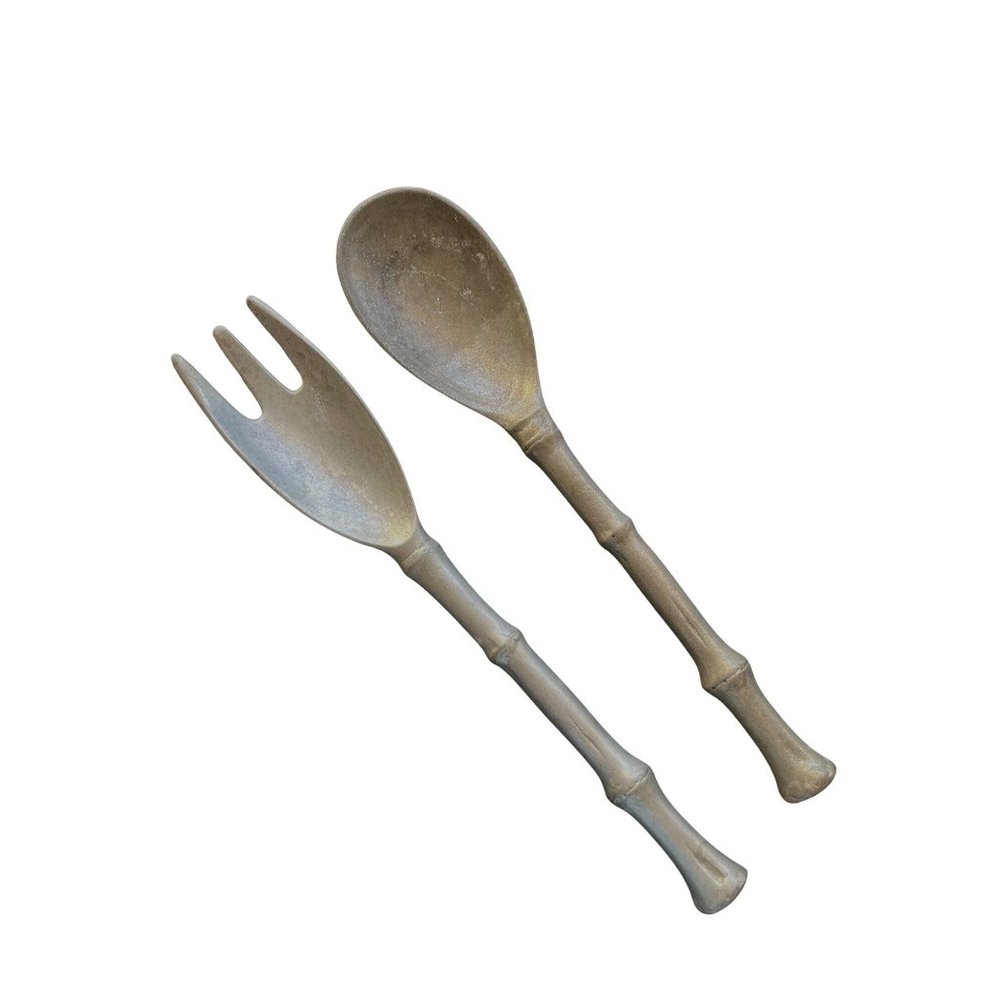 Metal Salad Serving Set Fork and Spoon Bamboo Design Handle 12"